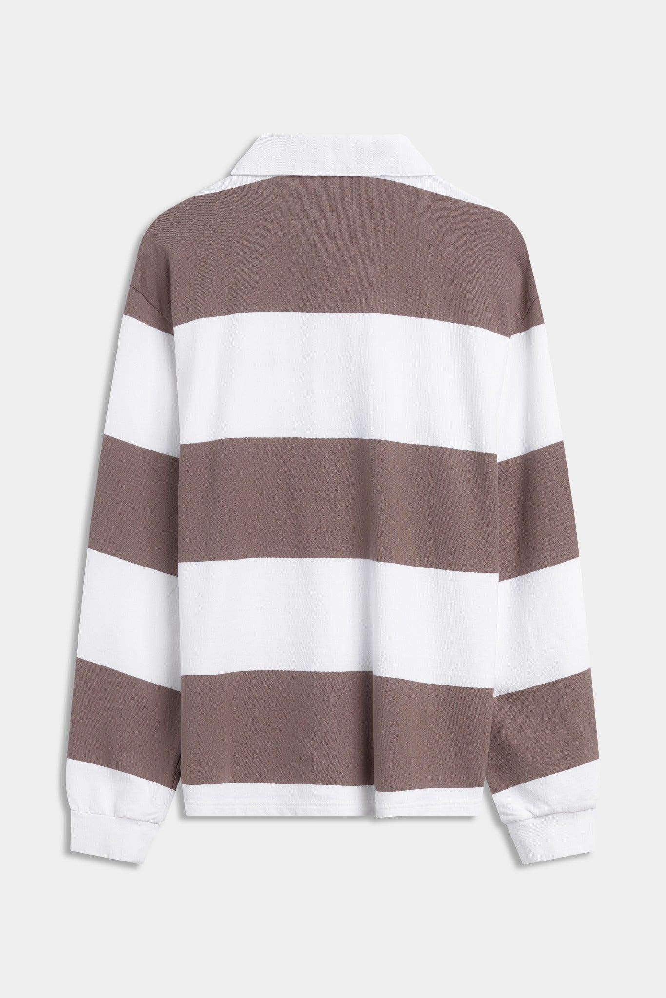 Back view of the CASPARA walnut brown and white striped rugby shirt against a light grey background.